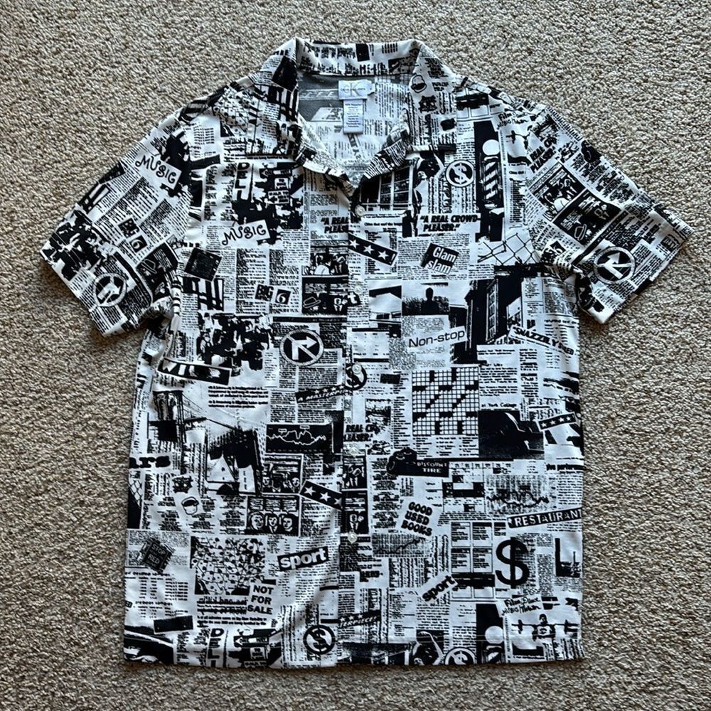 VTG Y2K Calvin Klein Jeans Newsprint Newspaper Polyester S/S Button Down Shirt